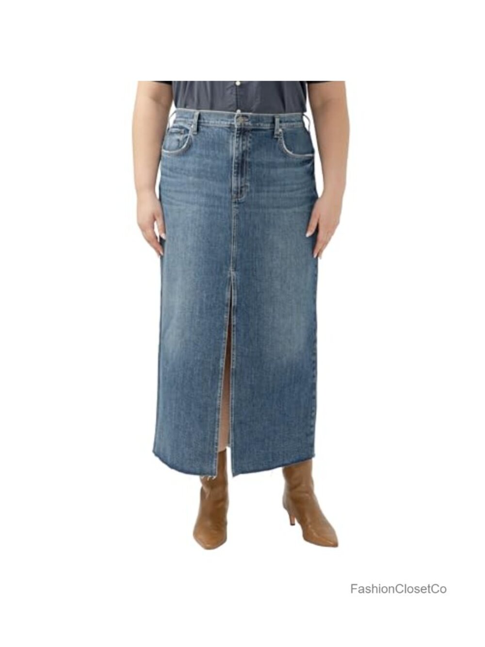 Plus Size Front Slit Maxi Jean Skirt Low Stretch Cotton Blend